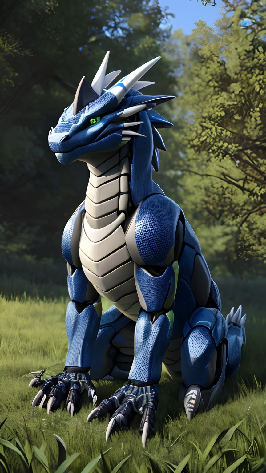 Bionic robot dragon,male,Android,nakeness,Sit on grass,HD graphics,Detailed and realistic,high detal,high qulity,photo-realistic,photorealistic eye,Detailed paws,Clear eyes,Masterpiece artwork,Five-fingered hands