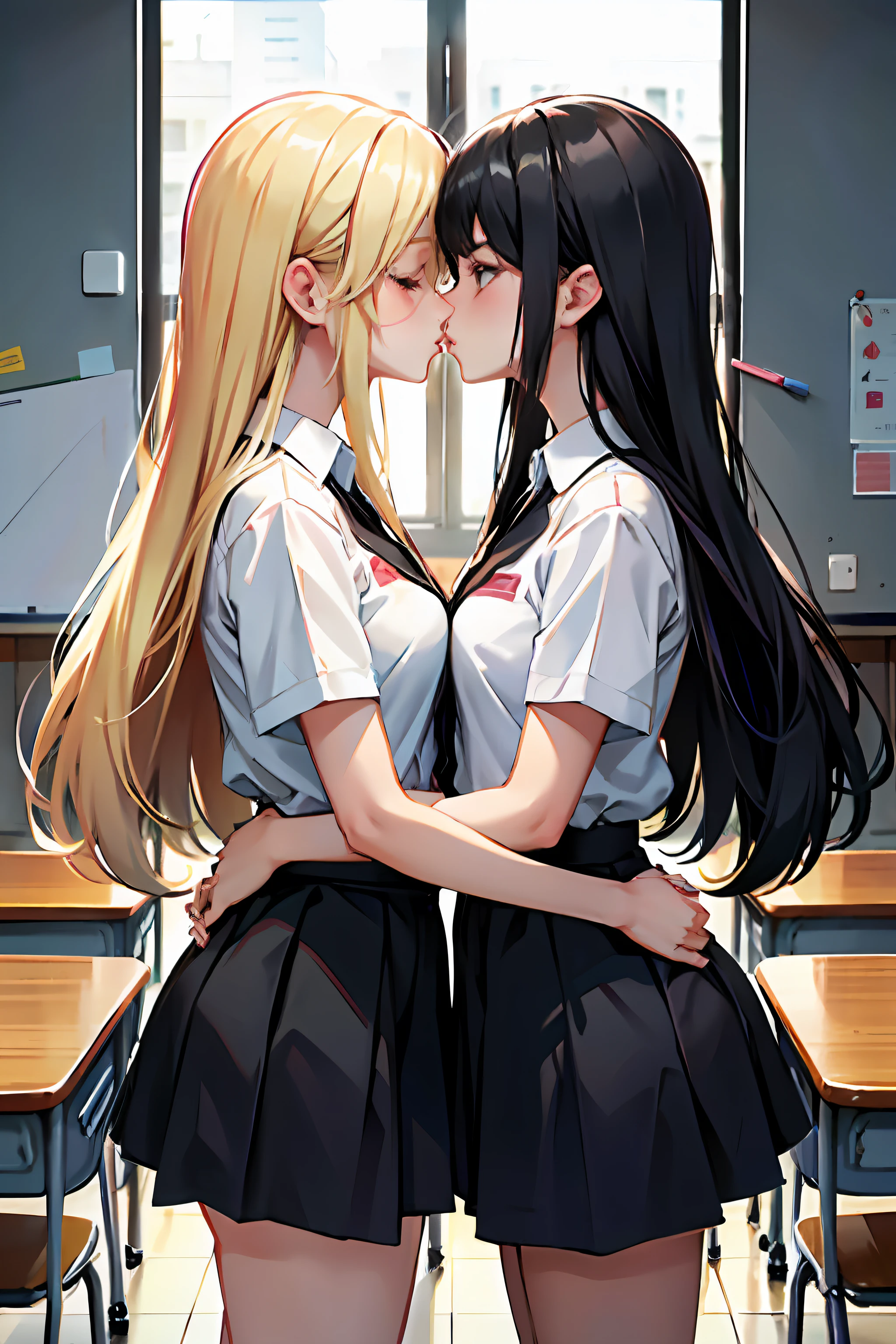 Two girls,Same stature,One black hair and one blonde,Hold each other,The two bodies are close together,Kiss,in class room