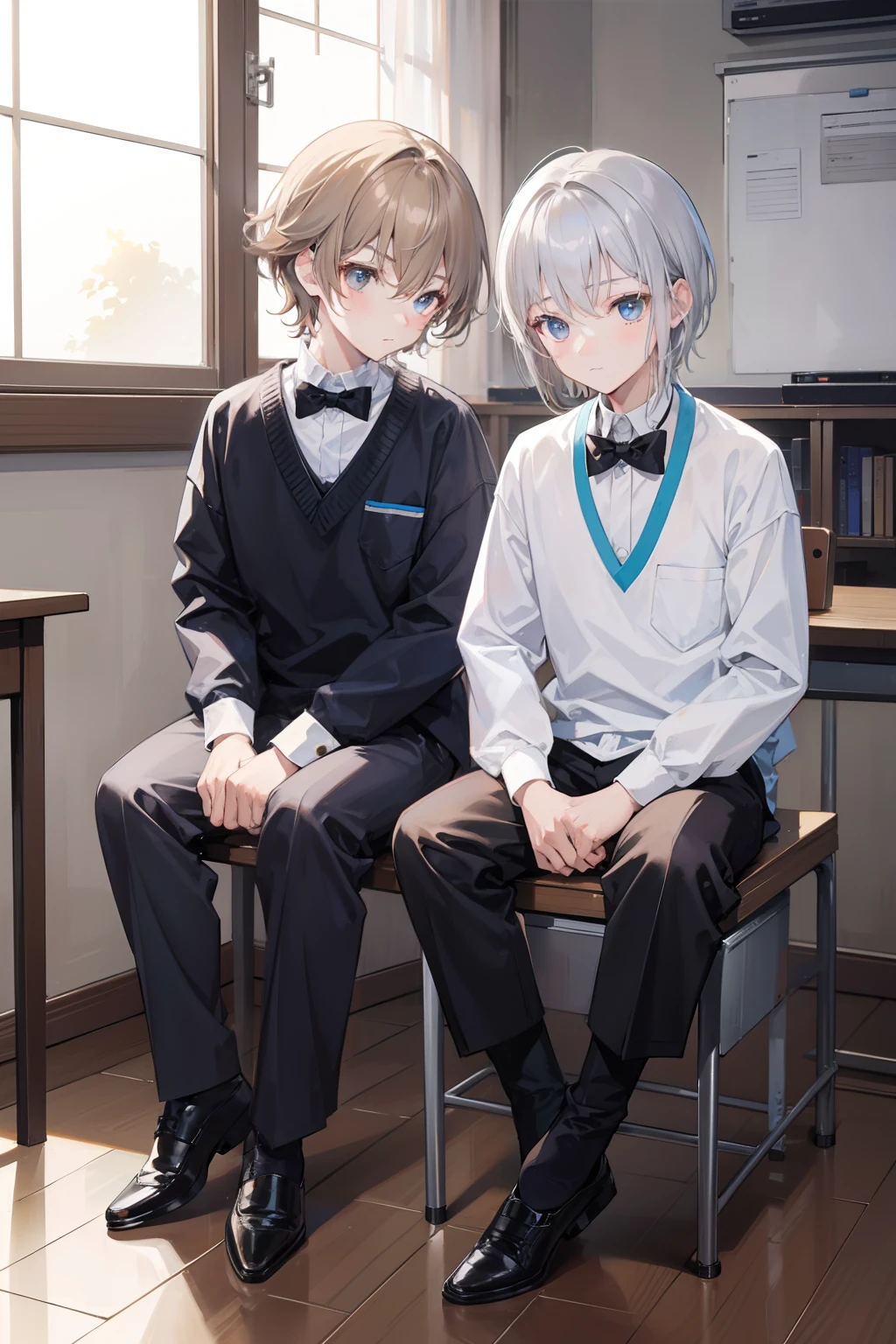 Two Boys, Silver-haired boy and brown-haired boy, Classrooms without people、Boys Love、Talking、hight resolution、ultra-detailliert