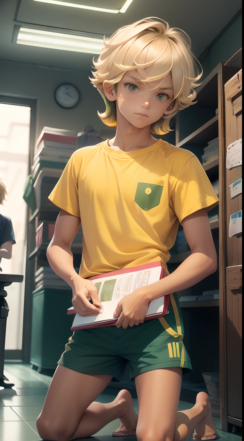 A sixteen-year-old young tanned blonde boy Mika,A sporty figure,Hair cut short around the ears,The bangs are long, Wear a yellow T-shirt and green shorts, Kneeling in a small shop with office supplies, Holding two red notebooks in his hand, Other colorful notebooks were scattered around him