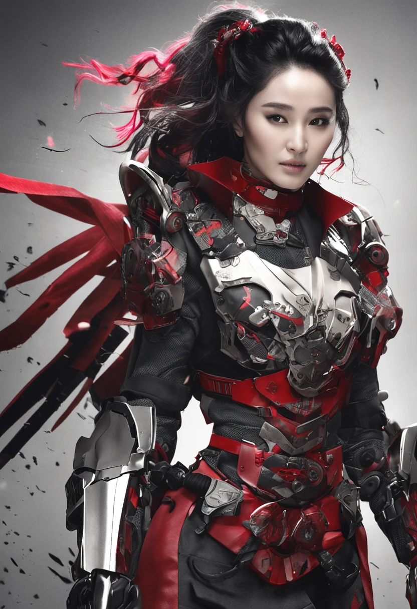 Yang Mi face shape，Mechanical Samurai，red theme，Future urban background。Resolution 1920*1080