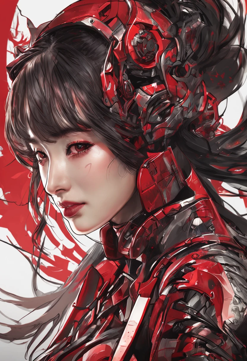 Yang Mi face shape，Mechanical Samurai，red theme，Future urban background。Resolution 1920*1080