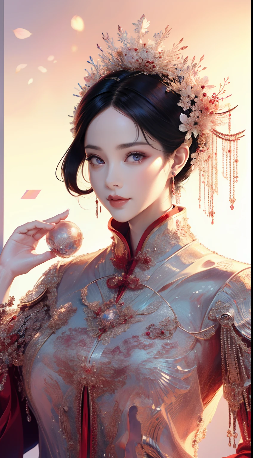 tmasterpiece，Highest high resolution，((magic orb))，Dynamic bust of beautiful Chinese princess，the bride，Black hair elegantly coiled，（(Wearing a huge red crown))，veils，Purple clear eyes，The hair is covered with beautiful and delicate floral craftsmanship, Crystal jewelry filigree，Ultra-detailed details，upscaled。