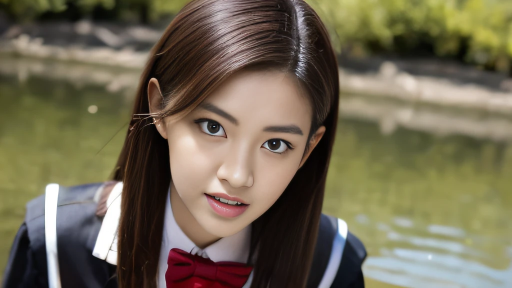 Black ball hair、White Skin Skin、chineseidol、年轻、Thick eyebrows、Black eyes、biting lip、Full of arrogance、Cheer Uniforms、Custom JF clothing、(1 female student)、By the school pond、Sit on a book、Slim eyebrows、Brown hairpins、hentail realism、8K、tmasterpiece、A high resolution、、anatomically correcte、、from above view、32K quality