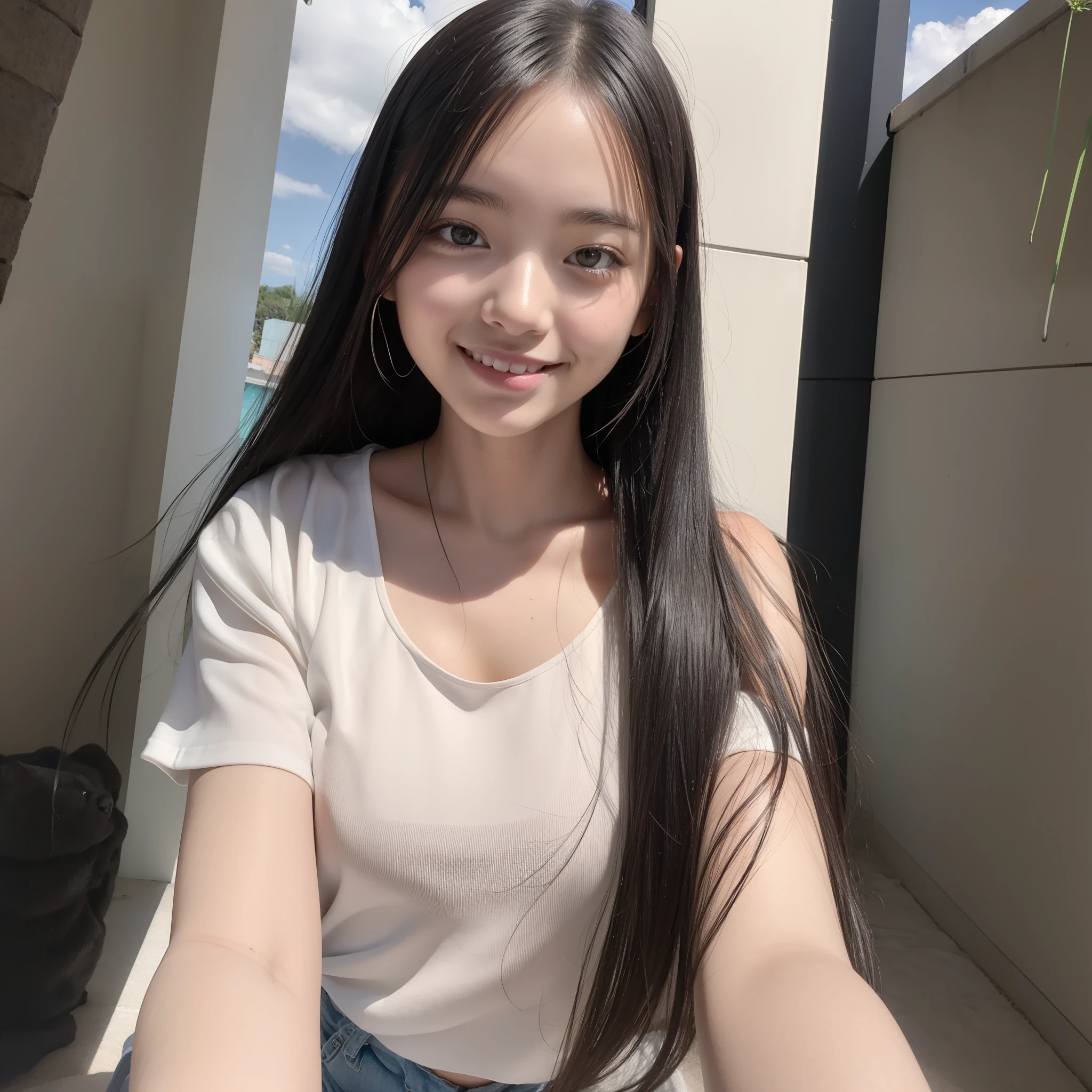 a 18 year old girl１a person、cute  face、Black and beautiful straight hair、A smile