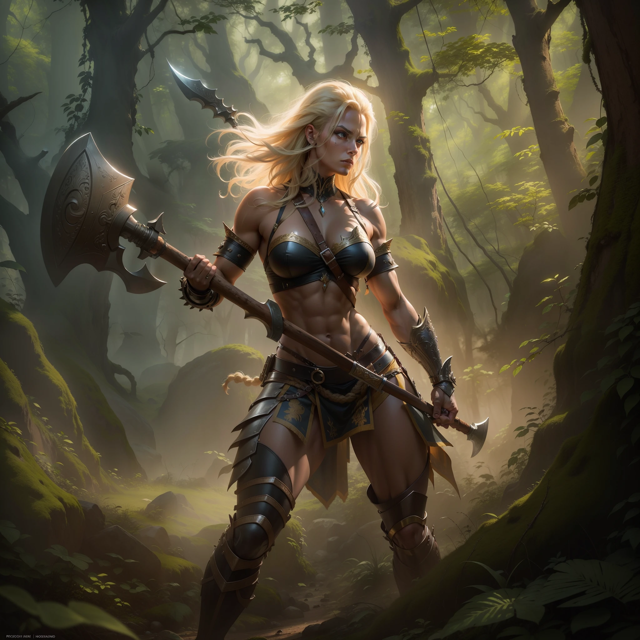 (Photorealistic:1.2), (8K Resolution), (Best Quality), (Masterpiece), full body portrait of a stunning Amazon warrior with flowing blonde hair, flawless muscular physique wearing minimal leather straps and armor, holding a large battle axe poised to strike, intense fierce expression, posed against a fantasy forest background, inspired by bold 1970s Frank Frazetta fantasy art style, dramatic side lighting, highly detailed