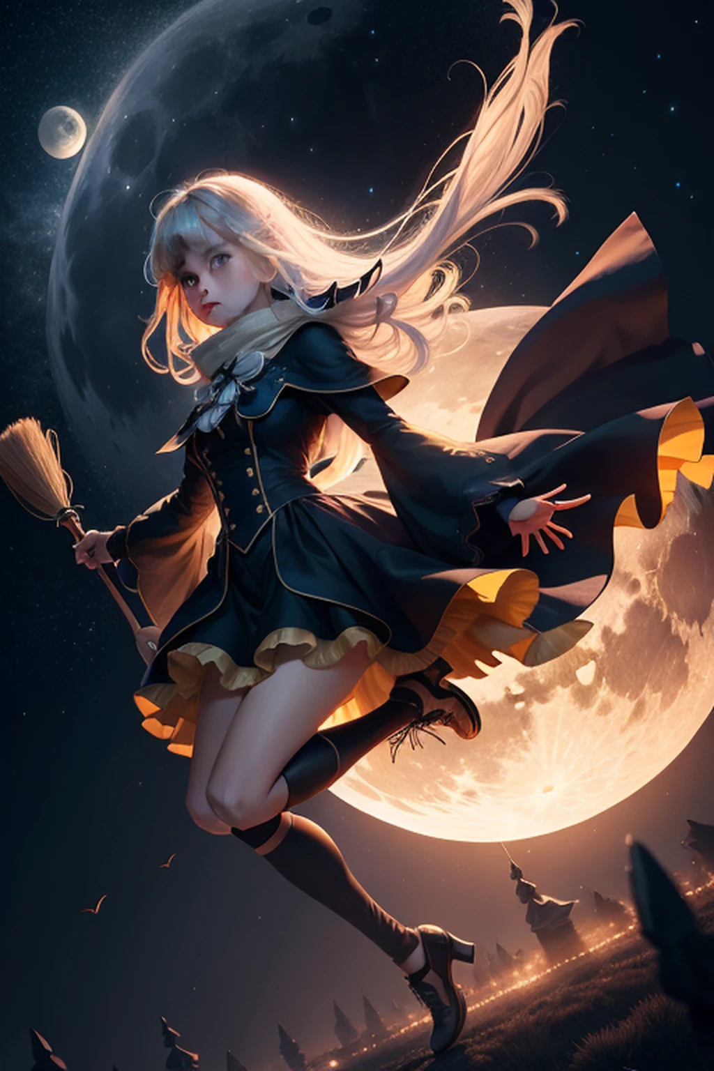 Beautiful girl flying in night sky on broom 8K background for big moon