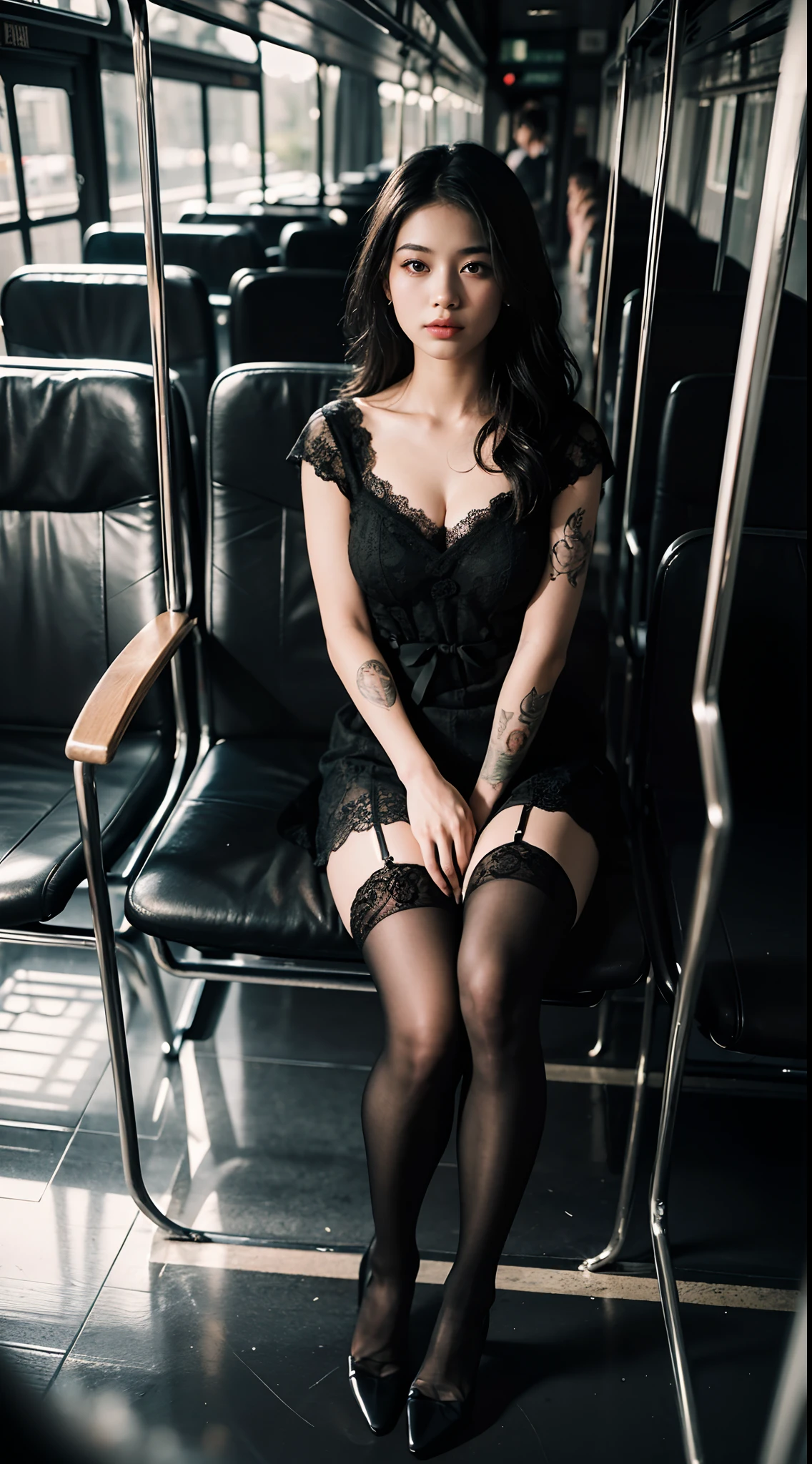 (full bodyesbian:1.5)，((Girl):1.4),(view the viewer:1.4)，(anatomy correct:1.3),(sitting on a bus:1.2),(Black sexy lace V-neck dress :1.2),((Black stockings):1.3),( Girls pointed-toe thick heels :1.1)，(foot ring:1.3),(Accurate and perfect face:1.3),(Tattoos with a large area of the whole body，tattoos on the arms，Tattoo on the chest，leg tattoos)，hyper HD, Ray traching, reflective light， structurally correct, Award-Awarded, High detail, Fade-in and fade-out shadow contrast, Face lighting ，Cinematic lighting, Masterpiece, super detailing, High quality, High detail, Best quality, 16k，High contrast,
