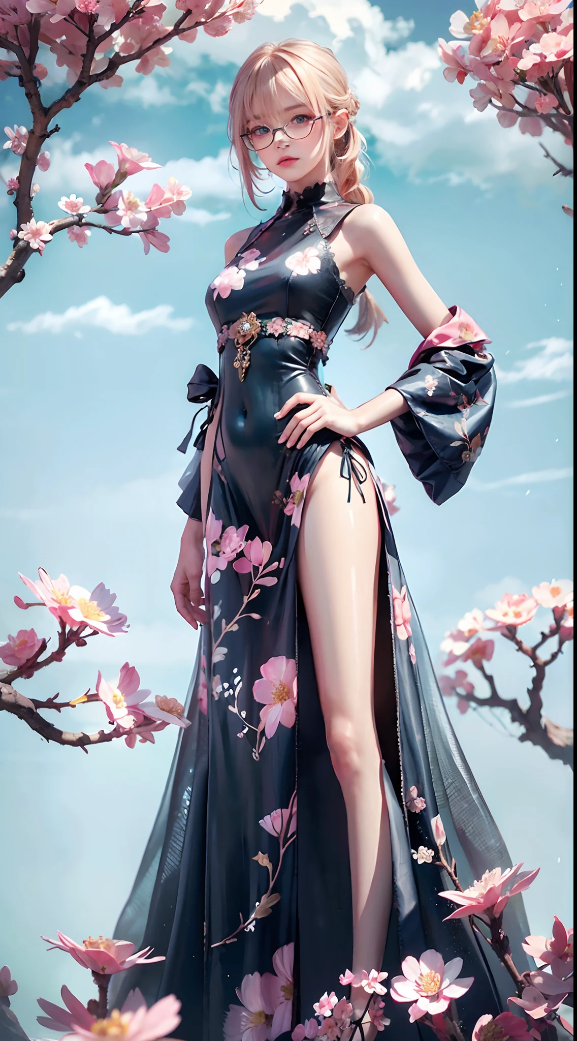(Long blonde hair+Small pink flowers:1.3+Big red and blue eyes+Heterochromia+gold-wire glasses:1.2+Intellectual beauty:1.1),under a sakura tree,Sideslit,lace legwear