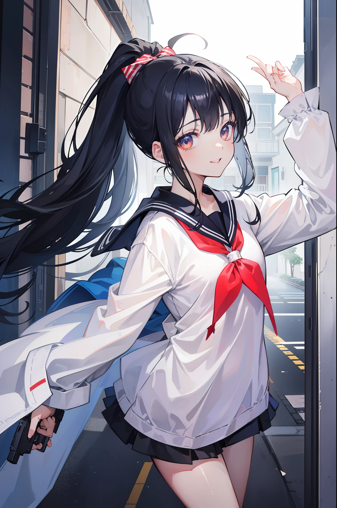 1 girl in、masutepiece、top-quality、Crazy smile、Ponytail with black hair、cute little、a sailor suit、danger、Have a gun、pistols、((Girl with a pistol))、Dark back alleys、A person is falling