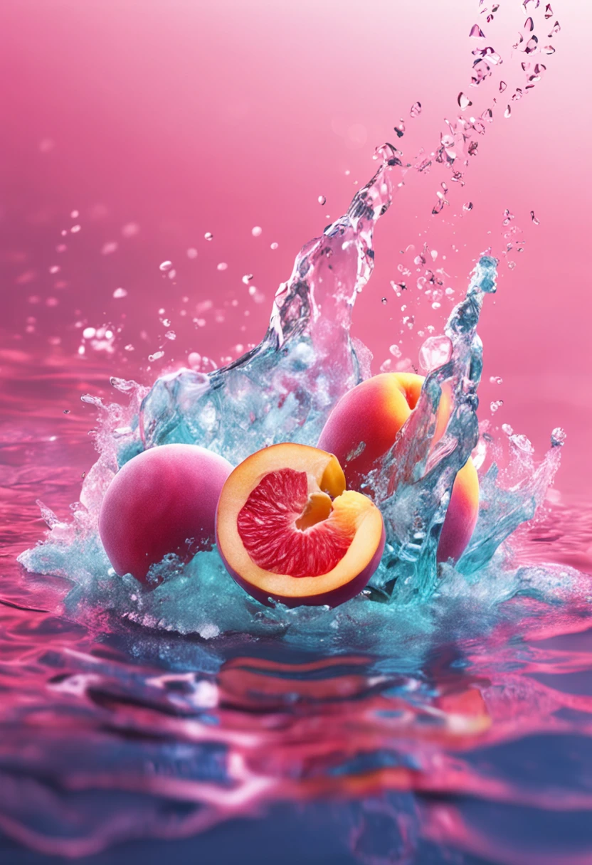 Peaches,Cut Peaches,Pink,water, ice,Bubbles,hyper-realistic water,Mint leaves, colorful, sky blue,in the style of nightcore, lorenz hideyoshi, eiichiro oda, colorful animation stills, sparkling water reflections, colorful drawings, azure and aquamarine ,Bright, Closeup-View, Top-View,FHD, 1080P,2K, 4K,8K, Ultra-high Definition, --ar 9:16