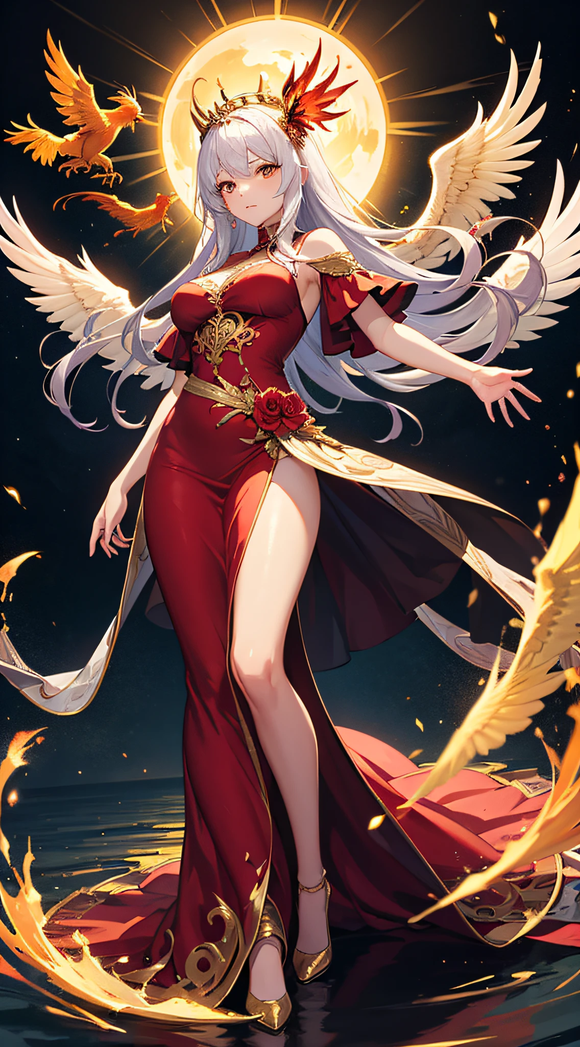 She wore a long red dress,The hem is decorated with ornate lace made of gold silk。The upper part of the skirt is golden,In stark contrast to the lower half。She wears a delicate phoenix crown on her head,Carved from gold and rubies,A moving glow in the sun,She stands tall,Manners are elegant,The whole person exudes a noble and gorgeous temperament。Her outfit is gorgeous and eye-catching,Like a dazzling phoenix,