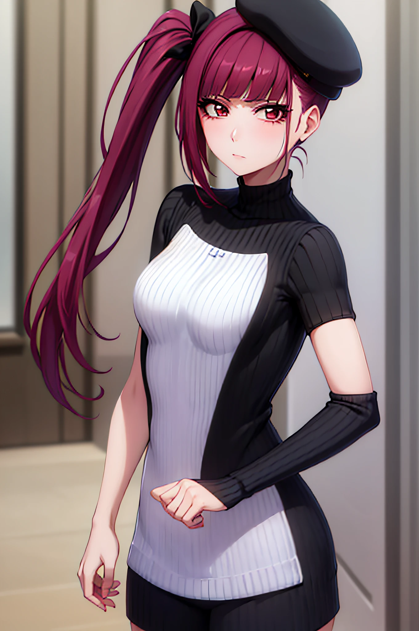 Riruka in her 20s, wearing a stylish casual outfit, with meticulous attention to detail on her face, emphasizing her expressive eyes, rosy blush, and a shy, yet charming expression. Her hair is styled in twintails.