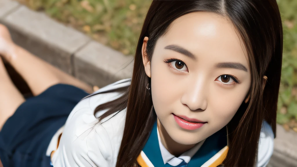 Beijing Yellow Hairy Girl、White Skin Skin、chineseidol、年轻、Thick eyebrows、Black eyes、biting lip、Full of arrogance、Cheer Uniforms、Custom JF clothing、（1 female student）、By the school pond、Sit on a book、Slim eyebrows、Brown hairpins、hentail realism、8K、tmasterpiece、A high resolution、、anatomically correcte、、from above view、32K quality