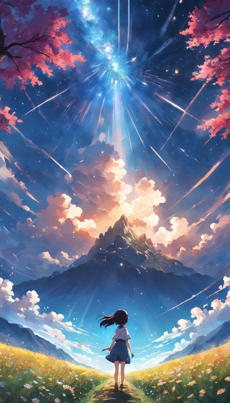 Makoto Shinkai, Expansive landscape photograph , (View from below,Displays the sky above and the clearing below), a girl standing on flower field looking up, ( meteors:0.9), (Starcloud:1.3), Far Mountain, Tree BREAK Production Art, (stars daytime sky:1.2), (Firefly:1.2), stars sky