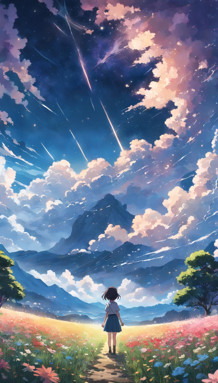 Makoto Shinkai, Expansive landscape photograph , (View from below，Displays the sky above and the clearing below), a girl standing on flower field looking up,  ( meteors:0.9), (Starcloud:1.3), Far Mountain, Tree BREAK Production Art, (stars daytime sky:1.2), (Firefly:1.2), stars sky