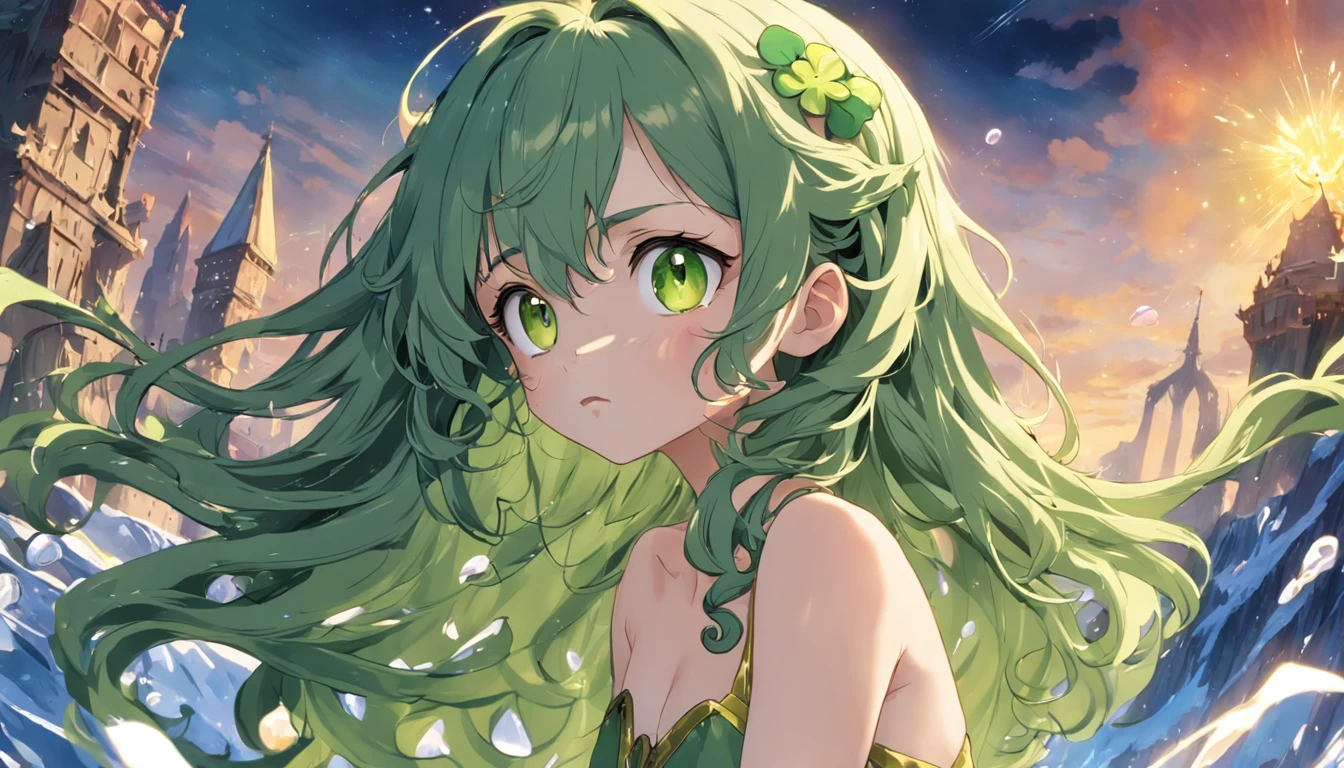 Long green slightly curly hair,yellow dress,Big glass-colored eyes,There is a large patch of four-leaf clover around it,There is an ice castle in the back