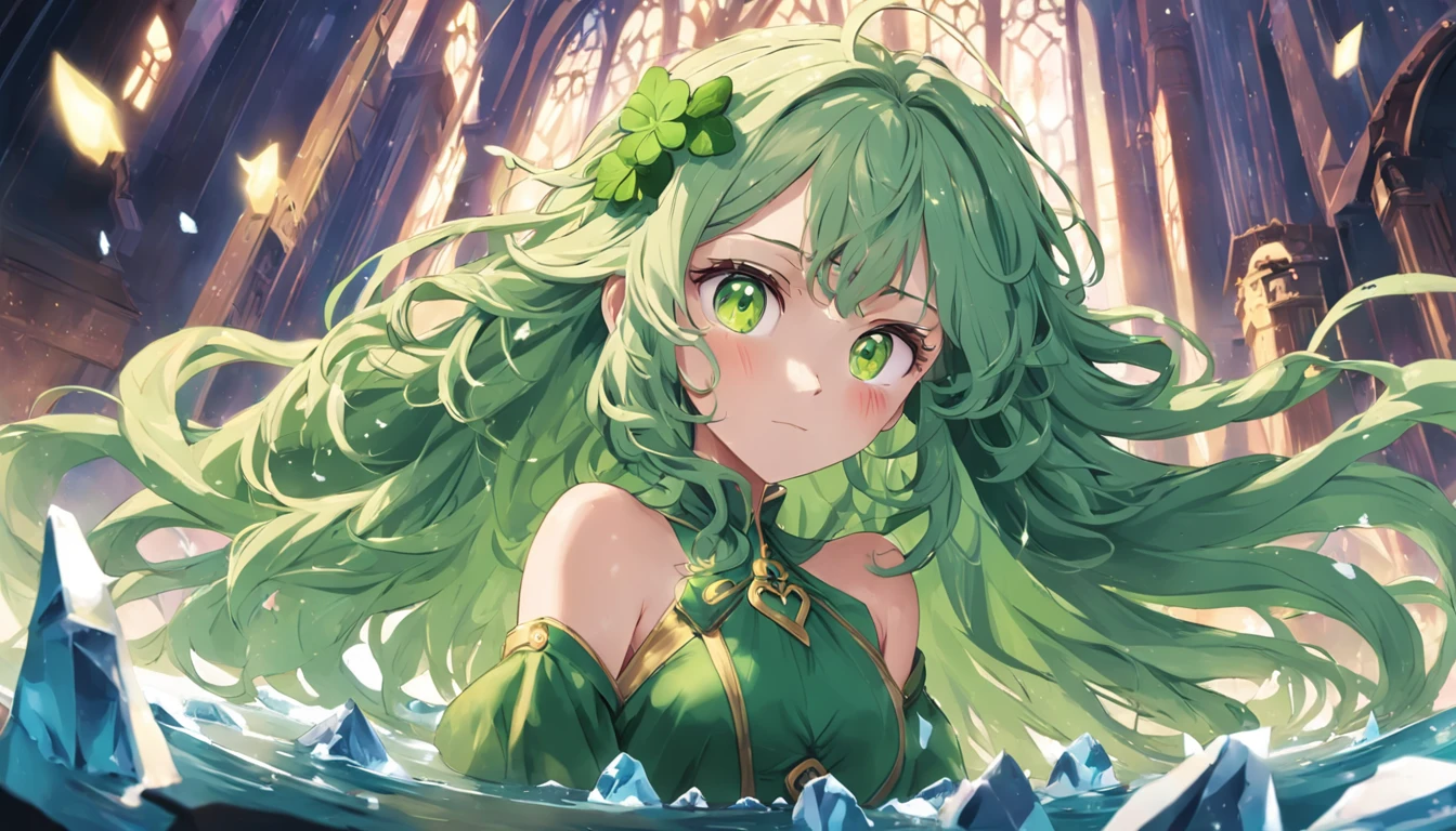 Long green slightly curly hair,yellow dress,Big glass-colored eyes,There is a large patch of four-leaf clover around it,There is an ice castle in the back