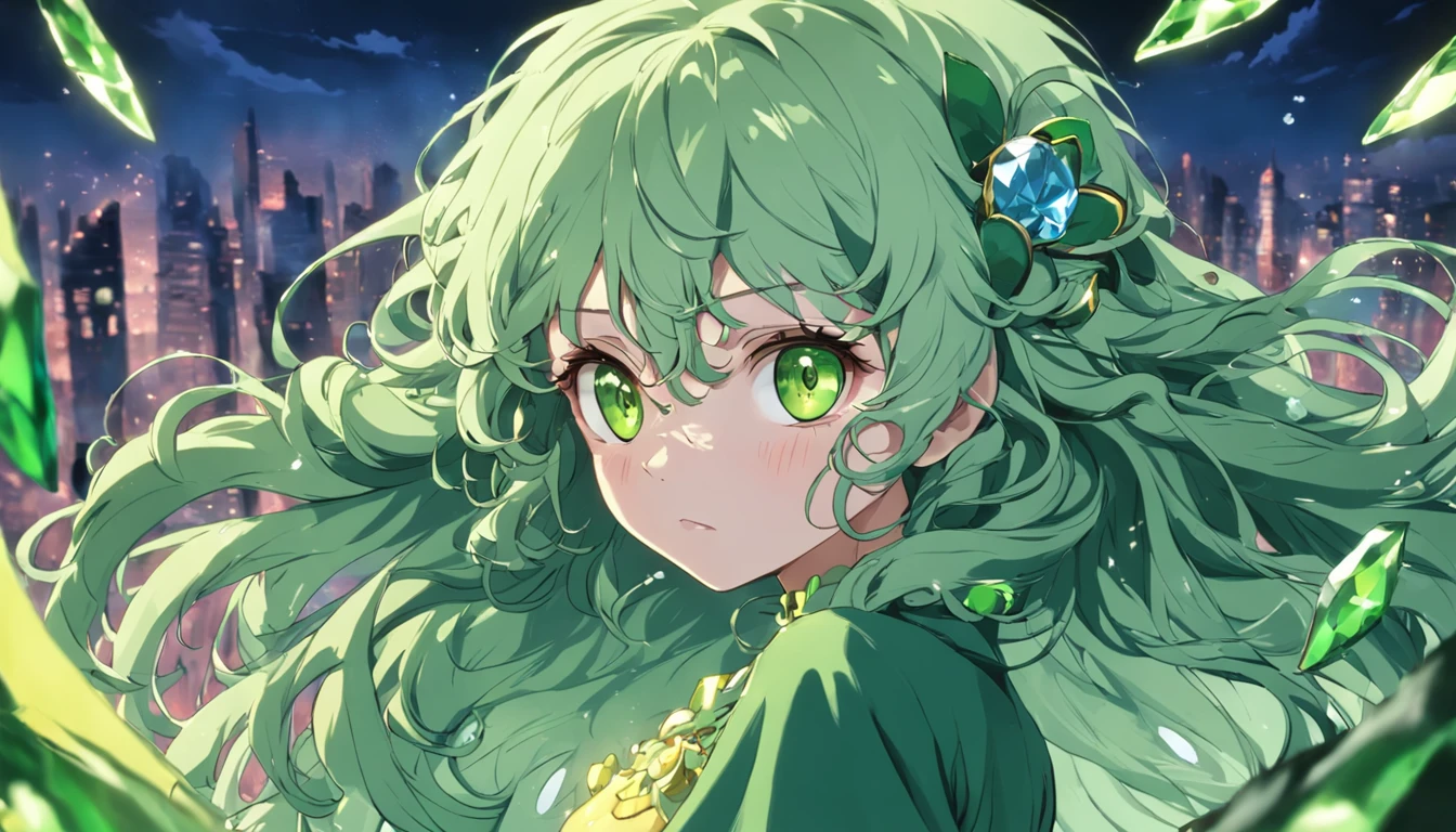 Long green slightly curly hair,yellow dress,Big glass-colored eyes,There is a large patch of four-leaf clover around it,There is an ice castle in the back