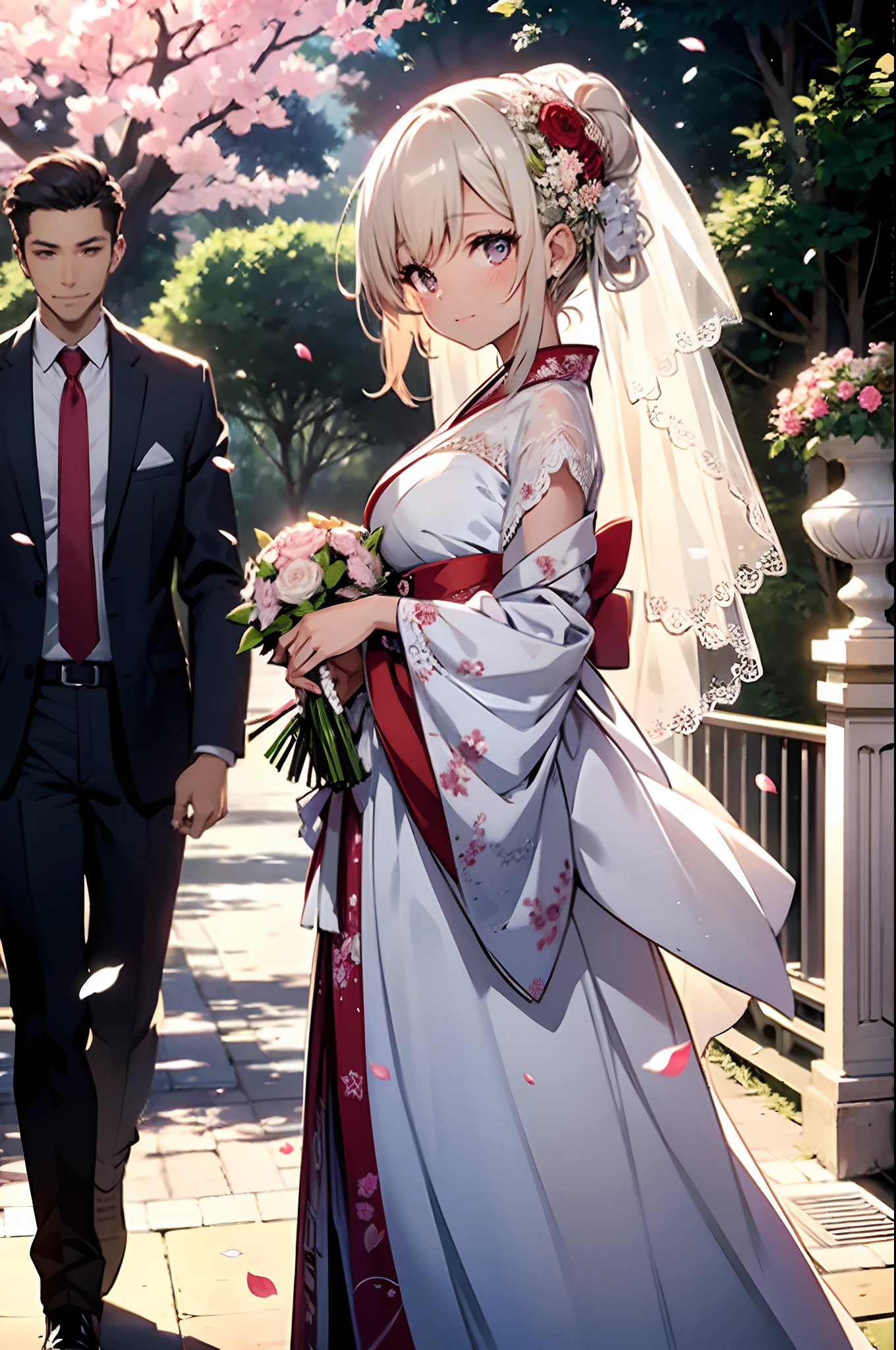 In front of a blossoming forest. A woman wearing a wedding dress arranged from a simple and beautiful kimono and holding a wedding bouquet is standing happily. bride's head-dress. The long hem of her skirt is fluttering in the wind. She has a beautiful face and shining eyes of bright colors. Petals dancing in the wind. The bright, glamorous, Wedding photo. Detailed drawing. Vivid colors. High image quality. (Best Quality), (masutepiece:1.3), Bokeh lights, wind-effect,