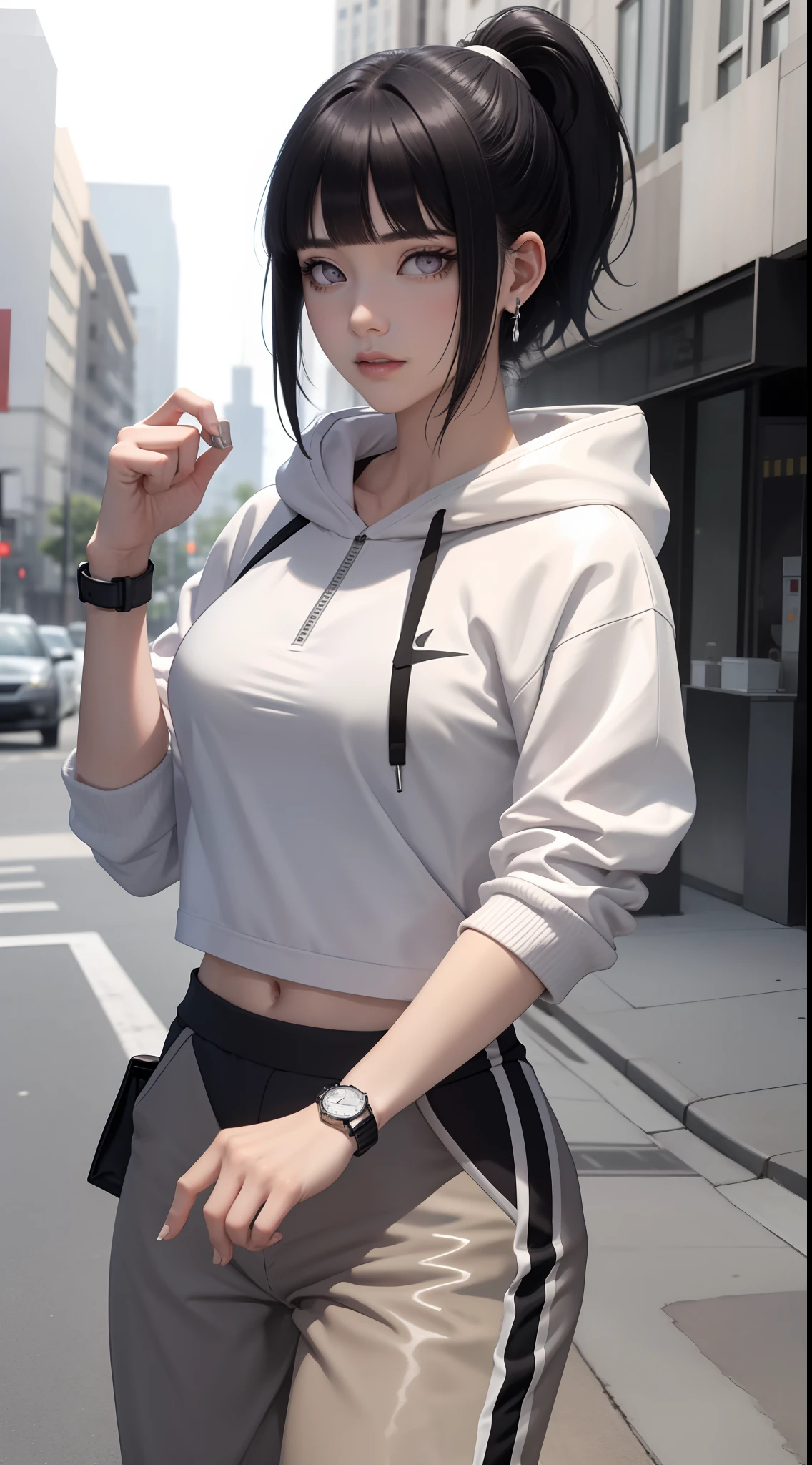 hinata from anime naruto, black hair, short hair, bangs, mauve eyes, ponytail, wears mascara, perfect body, perfect boobs, beautiful woman, very beautiful, wears black nike hoodie, white jogger pants, wears a watch , wearing earrings, wearing white nikes, being on a soccer field, Realism, masterpiece, textured leather, super detailed, high detailed, high quality, best quality, 1080P, HD, 16k