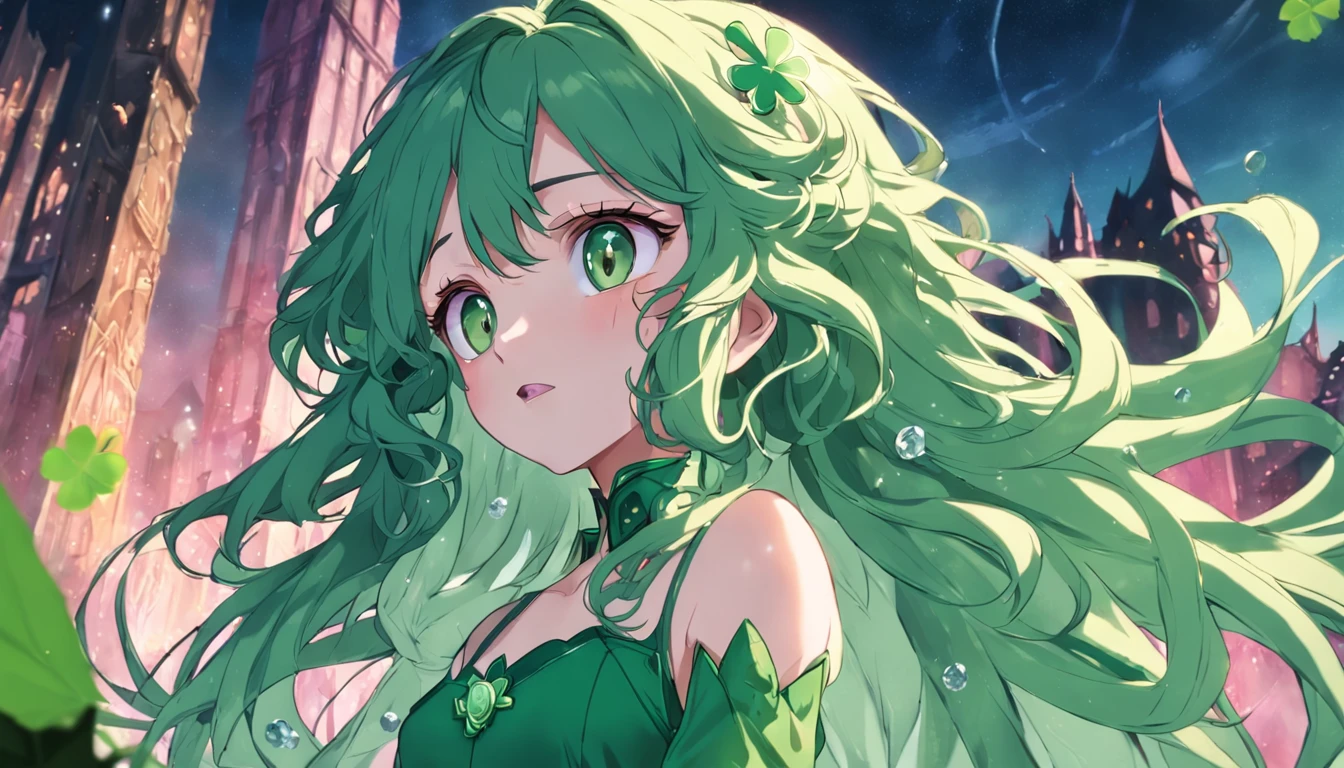 Long green slightly curly hair,pink dress,Big glass-colored eyes,There is a large patch of four-leaf clover around it,There is an ice castle in the back