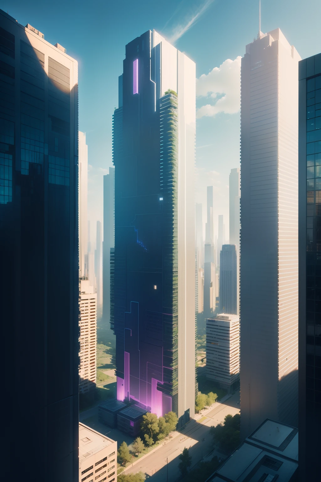 The illusory back of a tall building，Tetris，cyber punk perssonage，Faraway view