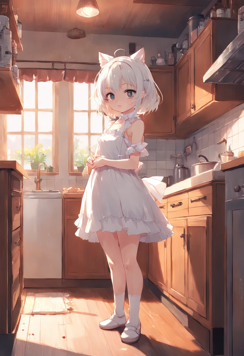 Anime girl in white dress standing in kitchen with cat, loli in dress, small curvy loli, artwork in the style of guweiz, guweiz on pixiv artstation, guweiz on artstation pixiv, guweiz, small loli girl, soft anime illustration, Anime visuals of cute girls, Detailed Digital Anime Art