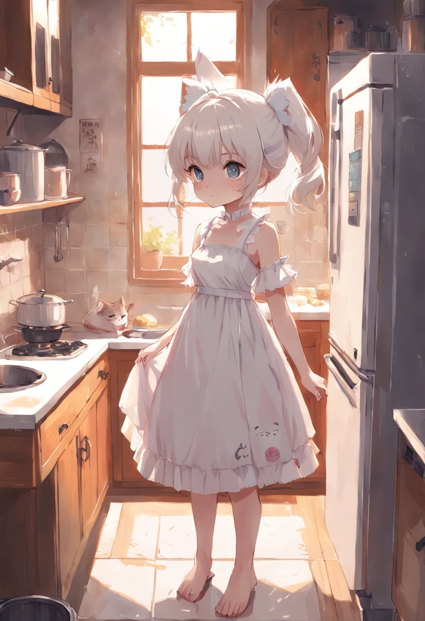 Anime girl in white dress standing in kitchen with cat, loli in dress, small curvy loli, artwork in the style of guweiz, guweiz on pixiv artstation, guweiz on artstation pixiv, guweiz, small loli girl, soft anime illustration, Anime visuals of cute girls, Detailed Digital Anime Art