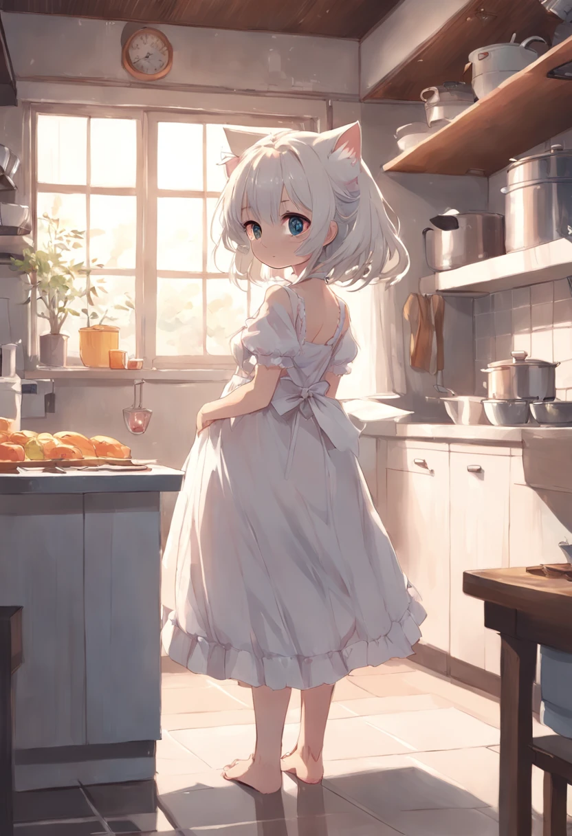 Anime girl in white dress standing in kitchen with cat, in dress, small curvy lolitwork in the style of guweiz, guweiz on pixiv artstation, guweiz on artstation pixiv, guweiz, small loli giroft anime illustration, Anime visuals of cute girls, Detailed Digital Anime Art