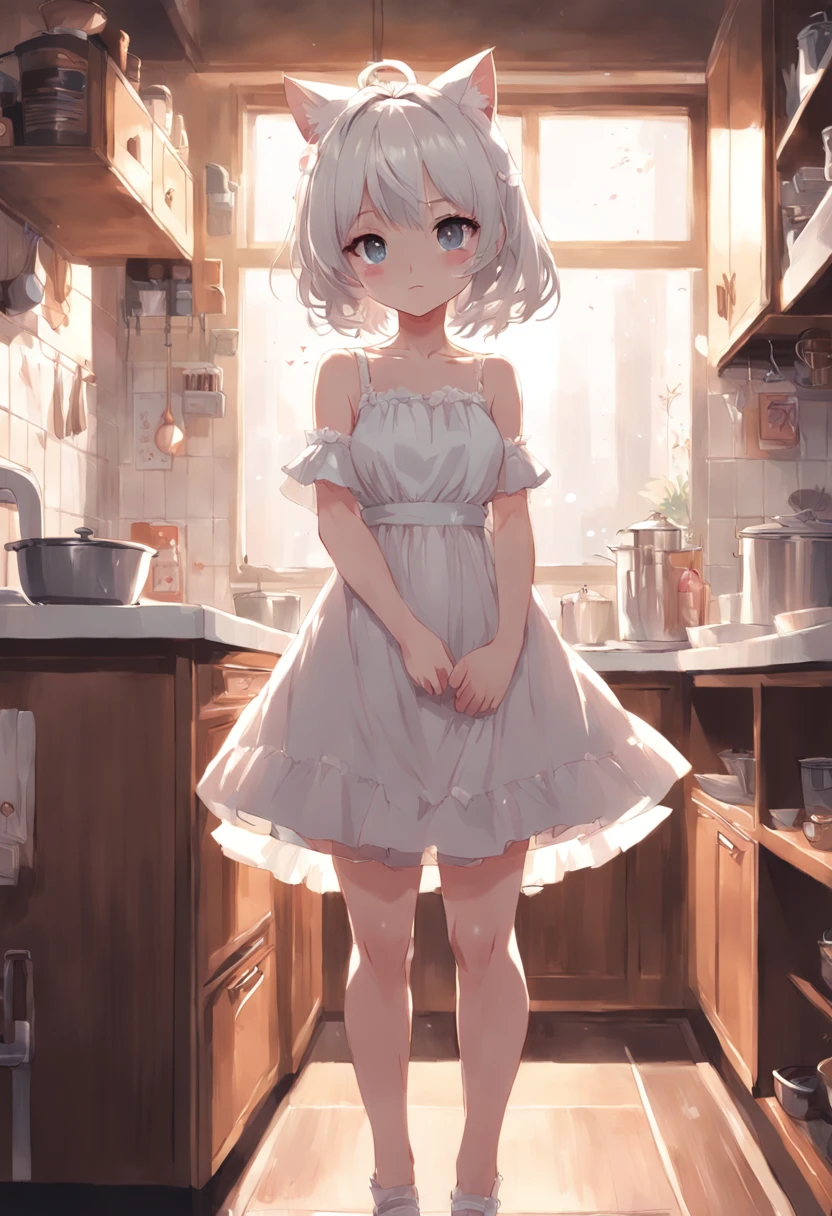 Anime girl in white dress standing in kitchen with cat, loli in dress, ??????????? loli, artwork in the style of guweiz, guweiz on pixiv artstation, guweiz on artstation pixiv, guweiz, small loli girl, soft anime illustration, Anime visuals of cute girls, Detailed Digital Anime Art