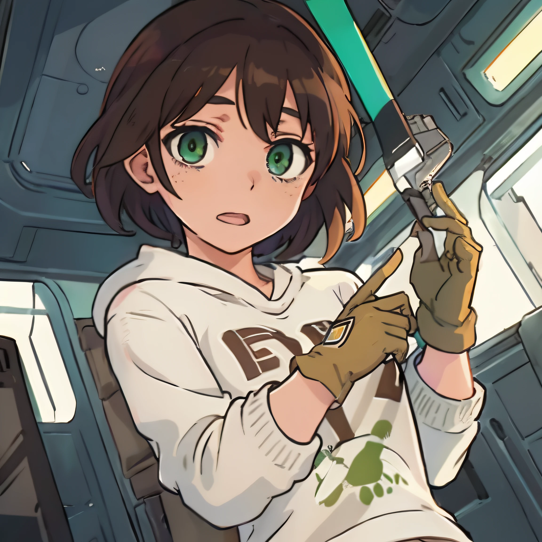 Garota de anime com olhos verdes segurando uma arma em um trem, Makoto Shinkai ( apex legends ), Makoto, Makoto Shinkai Estilo de Arte, arte oficial, arte de anime limpa e detalhada, Estilo Makoto Shinkai, Chihiro! Fujisaki, anime moe artstyle, kantai collection style, portrait anime space cadet girl, segurando uma luzabre. arte splash , roupas pretas