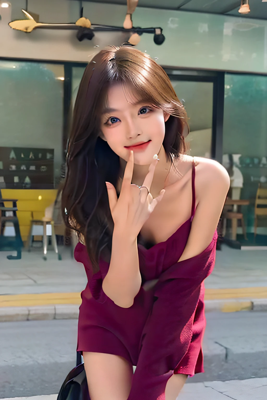 20 Years Old Cute Korean,Large round chest,,camisole,a skirt,beautiful eyes in detail,eyeslashes,beautiful double eyelid,eye shadows,dropping eyes,(Elongated eyes:1.2,Narrow eyes:1.1),detailed realistic hands,detailed realistic fingers,(thin beautiful thighs,Beautiful thin legs),Perfect eye makeup,(((seduct smile,Quiza exterior,Evil expression)),fully body photo:1.2