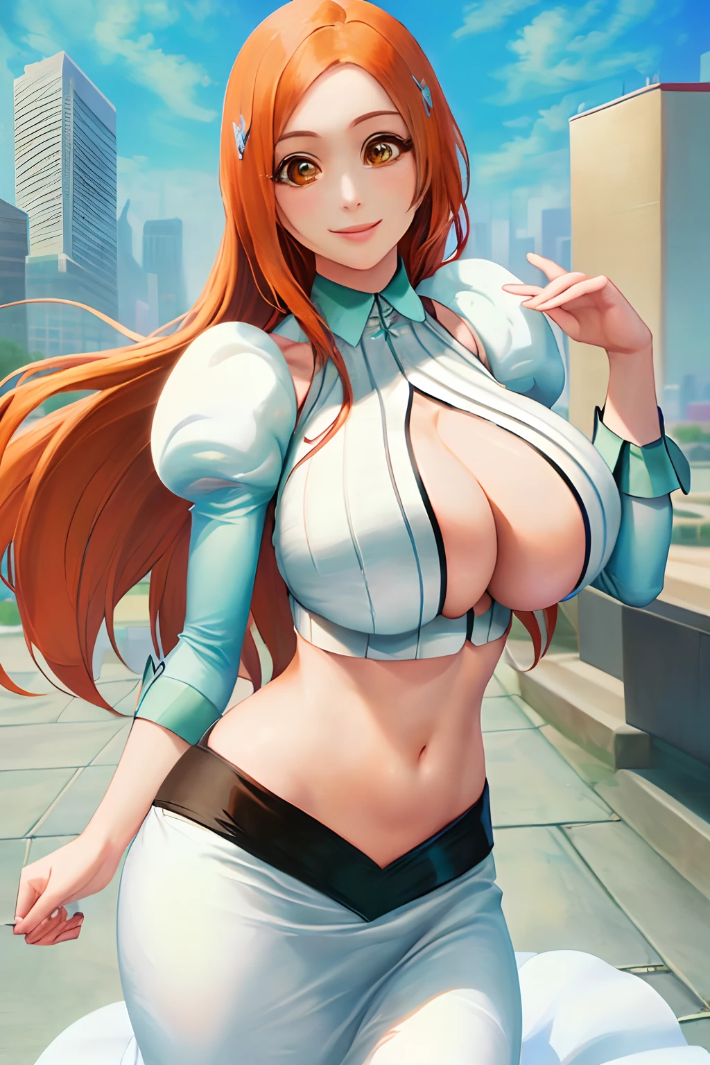 masterpiece*portrait, realistic, ik1, 1girl, ((Orihimesomakjskirt, orange hair, navel, cleavage, midriff, crop top, clothing cutout, cleavage cutout,white long skirt,puffy sleeves)),smile,close up,outdoor,((city street)),