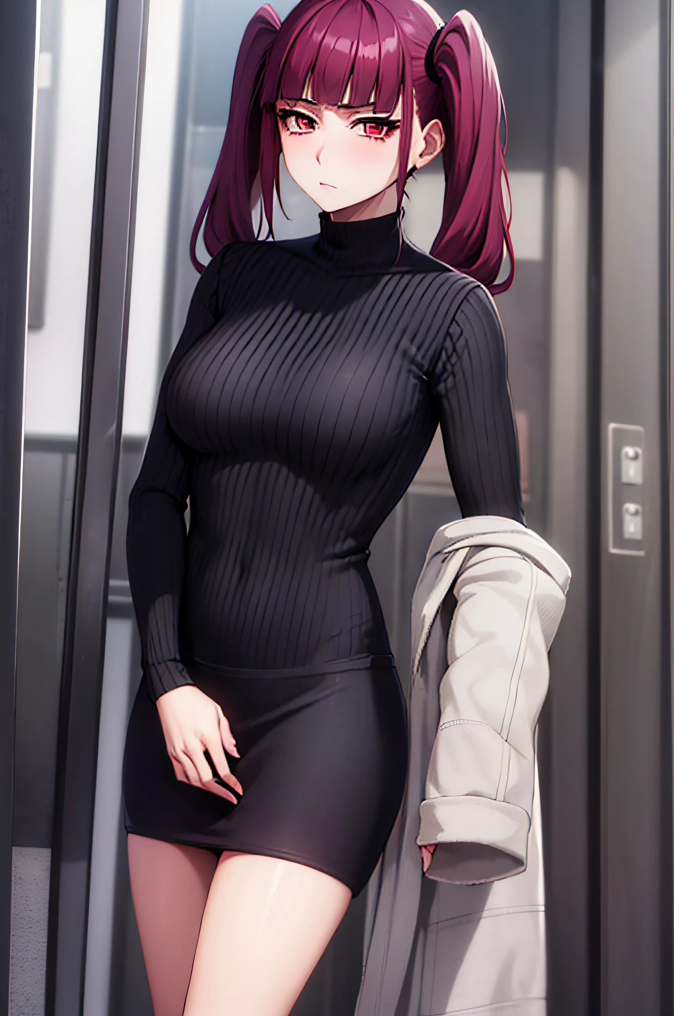 Riruka in her 20s, wearing a stylish casual outfit, with meticulous attention to detail on her face, emphasizing her expressive eyes, rosy blush, and a shy, yet charming expression. Her hair is styled in twintails.