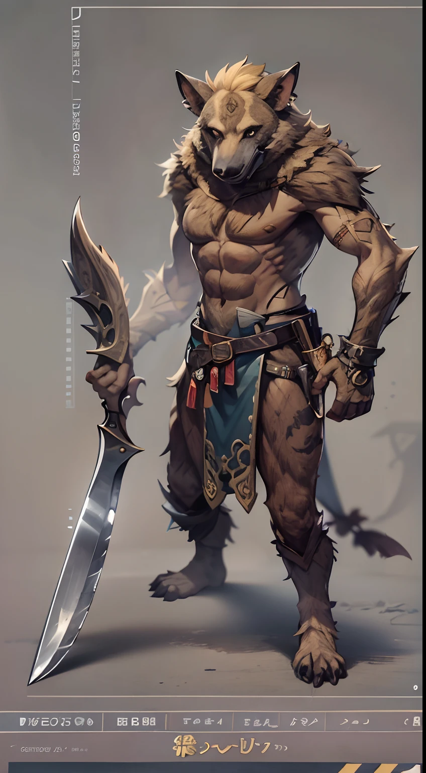 Game character standing drawing design，gnoll，cunning，With a knife，Fighting posture，（full bodyesbian：1.4），solid color backdrop，clean backdrop，depth of fields，high light，Real light，Ray traching，OC renderer，UE5 renderer，Hyper-realistic，best qualtiy，8K，Works of masters，super-fine，Detailed pubic hair，Correct anatomy，