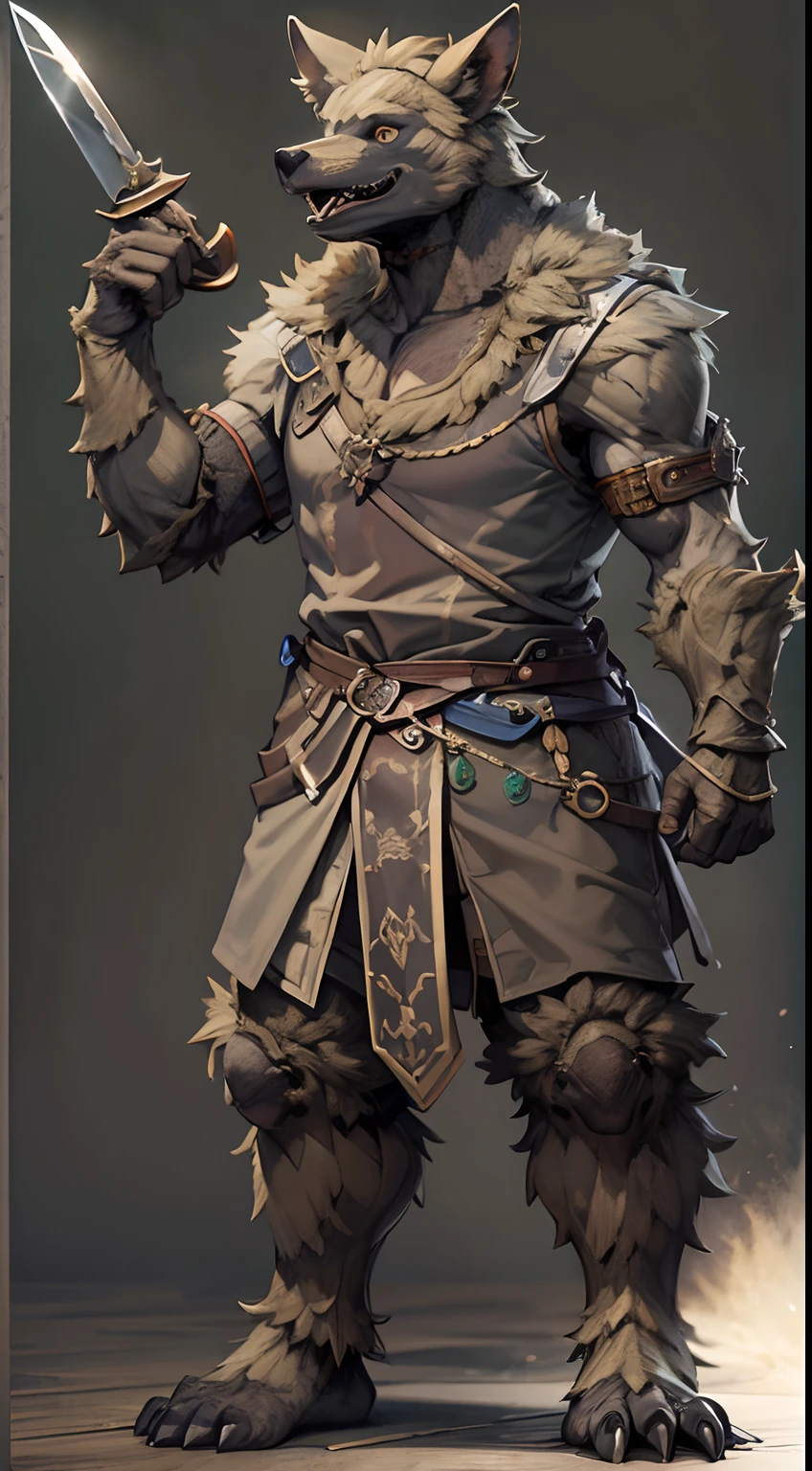 Game character standing drawing design,gnoll,cunning,With a knife,Fighting posture,(full bodyesbian:1.4),solid color backdrop,clean backdrop,depth of fields,high light,Real light,Ray traching,OC renderer,UE5 renderer,Hyper-realistic,best qualtiy,8K,Works of masters,super-fine,Detailed pubic hair,Correct anatomy,