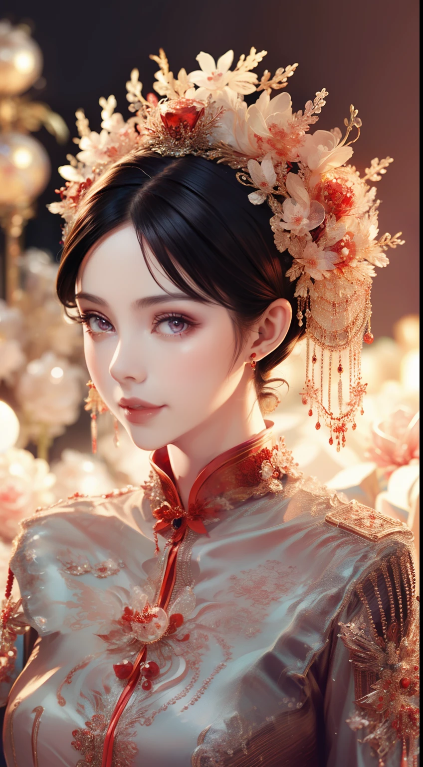tmasterpiece,Highest high resolution,((magic orb)),Dynamic bust of beautiful Chinese princess,Red bridal dress,Jet black hair is elegantly coiled,((Wearing a huge red crown)),veils,Purple clear eyes,The hair is covered with beautiful and delicate floral craftsmanship, Crystal jewelry filigree,Ultra-detailed details,upscaled。