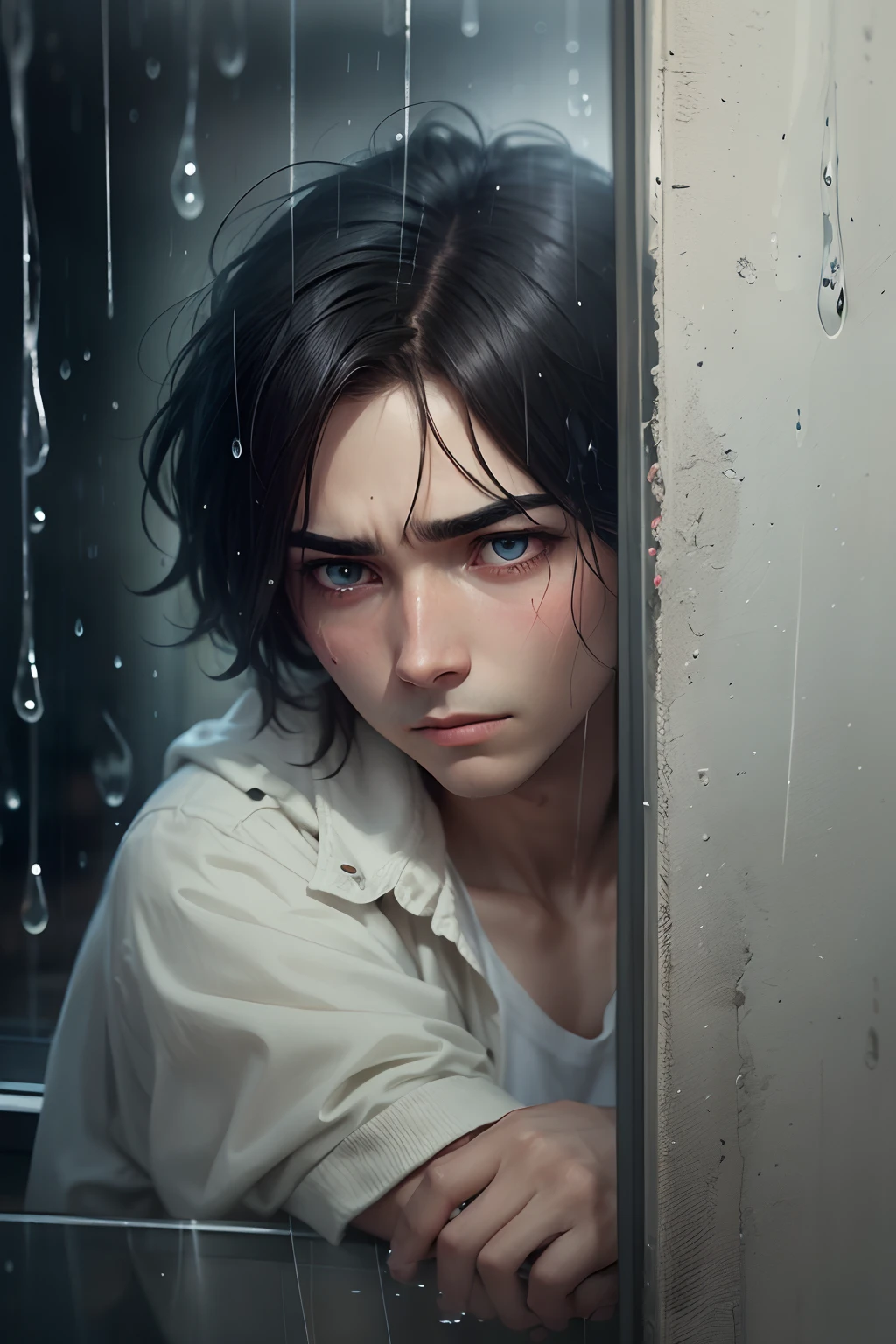 On a rainy day, a depressed person sat in front of the window, looking at the rain outside, with a heavy heart. His eyes were full of tiredness and helplessness, and he seemed unable to see the beauty and hope in life