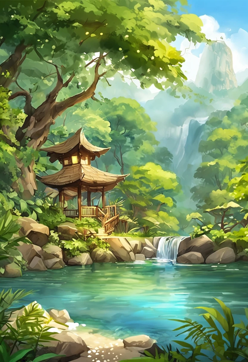 masterpiece、top-quality、(the Extremely Detailed CG Unity 8K Wallpapers)、(top-quality)、(The best illustrations)、(Best Shadows)、Shining Rabbit、Gentle face、Sprite drinking water glowing in the swimming pool、Natural elements with a forest theme。mystical forest、beautiful forest、naturey、Delicate leaves and branches surrounded by flowers(nature elements)、(Jungle theme)、(fronds)、(Twigs)、(fireflys)、(Particle effect)、octan render、光线追踪、ultra-detailliert