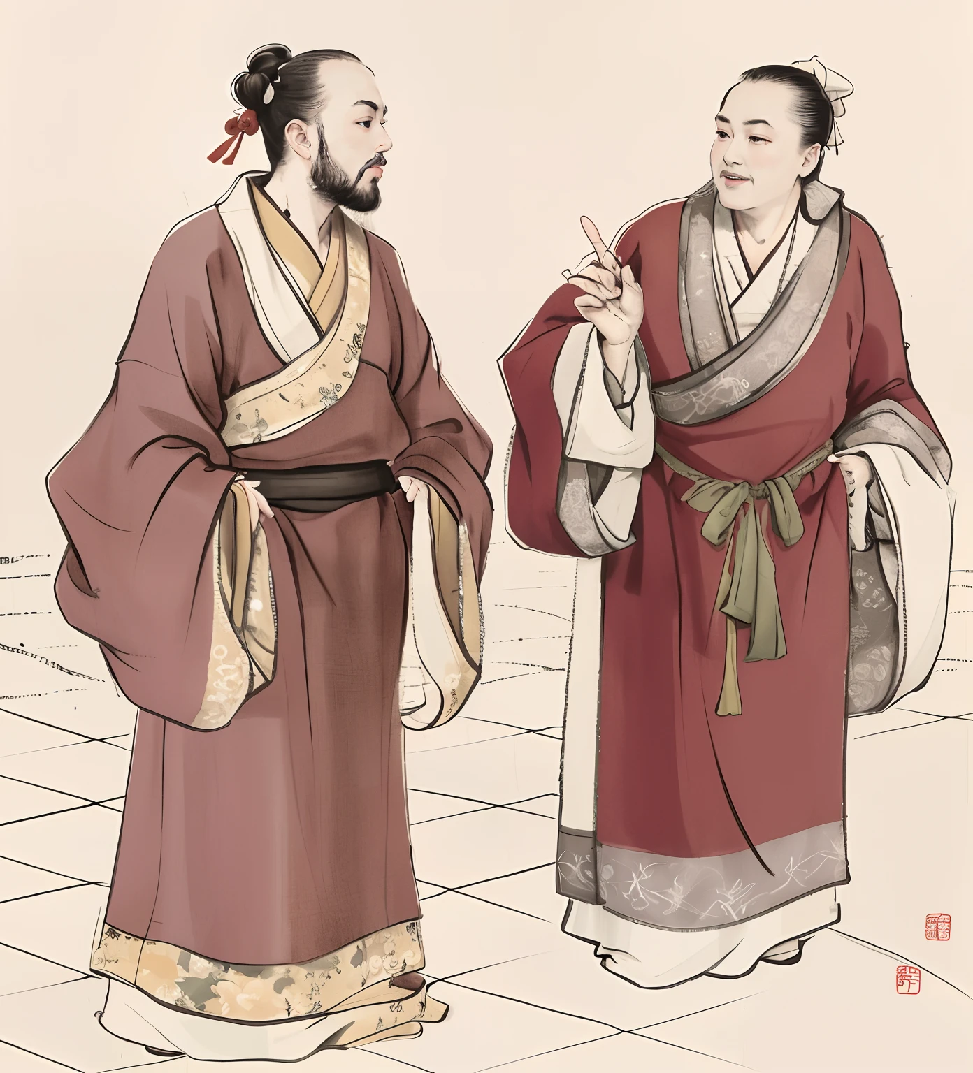 Draw two men in traditional costumes talking to each other, ren xun and maruyama ōkyo, wearing a long flowing robe, Wearing ancient Chinese clothes, yiqiang and shurakrgt, dressed in simple robes, Traditional Chinese painting, Daoism, by Emperor Huizong of Song, Traditional Chinese clothing, Traditional Chinese Ink Painting, style of guo hua