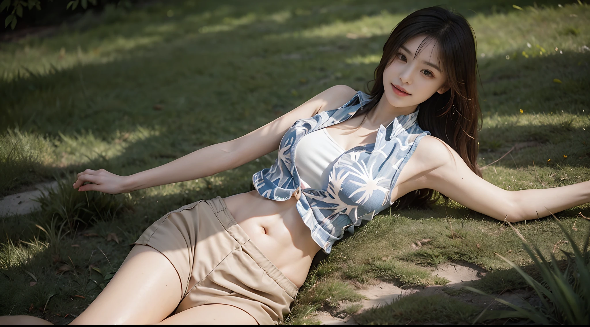 1 girl, (18 years old:1.5), (loose vest:1.2), (loose shorts:1.2), grassland, lying on the ground, night, (striptease:1.5), (natural breasts:1.2), (ponytail:1.3), best quality, (masterpiece:2.0), ultra-detailed, hires, 8k