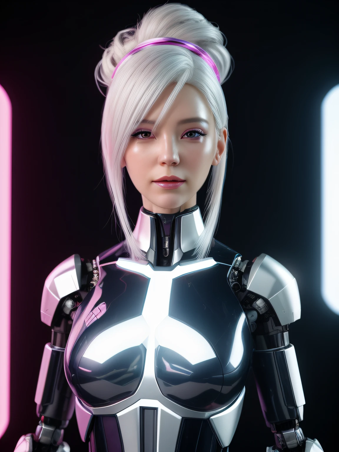 Close-up of a woman in a pink dress and white hair, 3 D rendering character art 8 K, cyborg - girl with silver hair, beautiful female android!, beautiful female android, perfect android girl, beautiful android woman, smooth digital concept art, smooth 3d cg render, inspired by Yanjun Cheng, sci - fi character, Beautiful robot character design