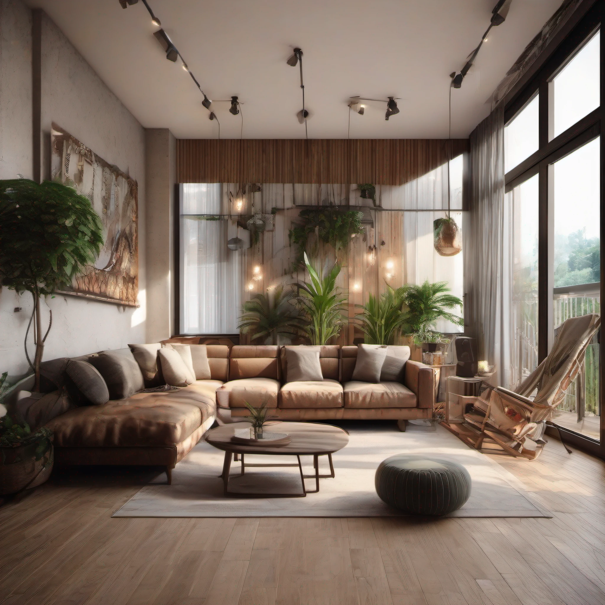 The image is real, Interior Design, Living Room, Airbnb apartment, Rustic style, small sofa, sofa table, window blinds, Movie Projector on the Wall, Indoor Plants, balcony, Standing Mirror, Lazy Sofa, ceiling light , Standing Lights, Painting, Wooden Floor, LED wall lights, light outdoors,