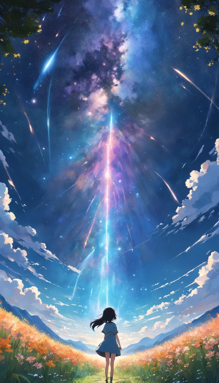 Makoto Shinkai, Expansive landscape photograph , (View from below,Displays the sky above and the clearing below), a girl standing on flower field looking up, ( meteors:0.9), (Starcloud:1.3), Far Mountain, Tree forest BREAK Production Art, (stars daytime sky:1.2), (Firefly:1.2), stars sky