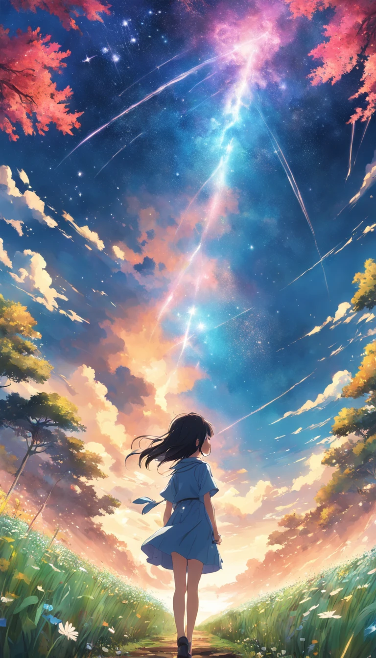 Makoto Shinkai, Expansive landscape photograph , (View from below，Displays the sky above and the clearing below), a girl standing on flower field looking up,  ( meteors:0.9), (Starcloud:1.3), Far Mountain, Tree forest BREAK Production Art, (stars daytime sky:1.2), (Firefly:1.2), stars sky