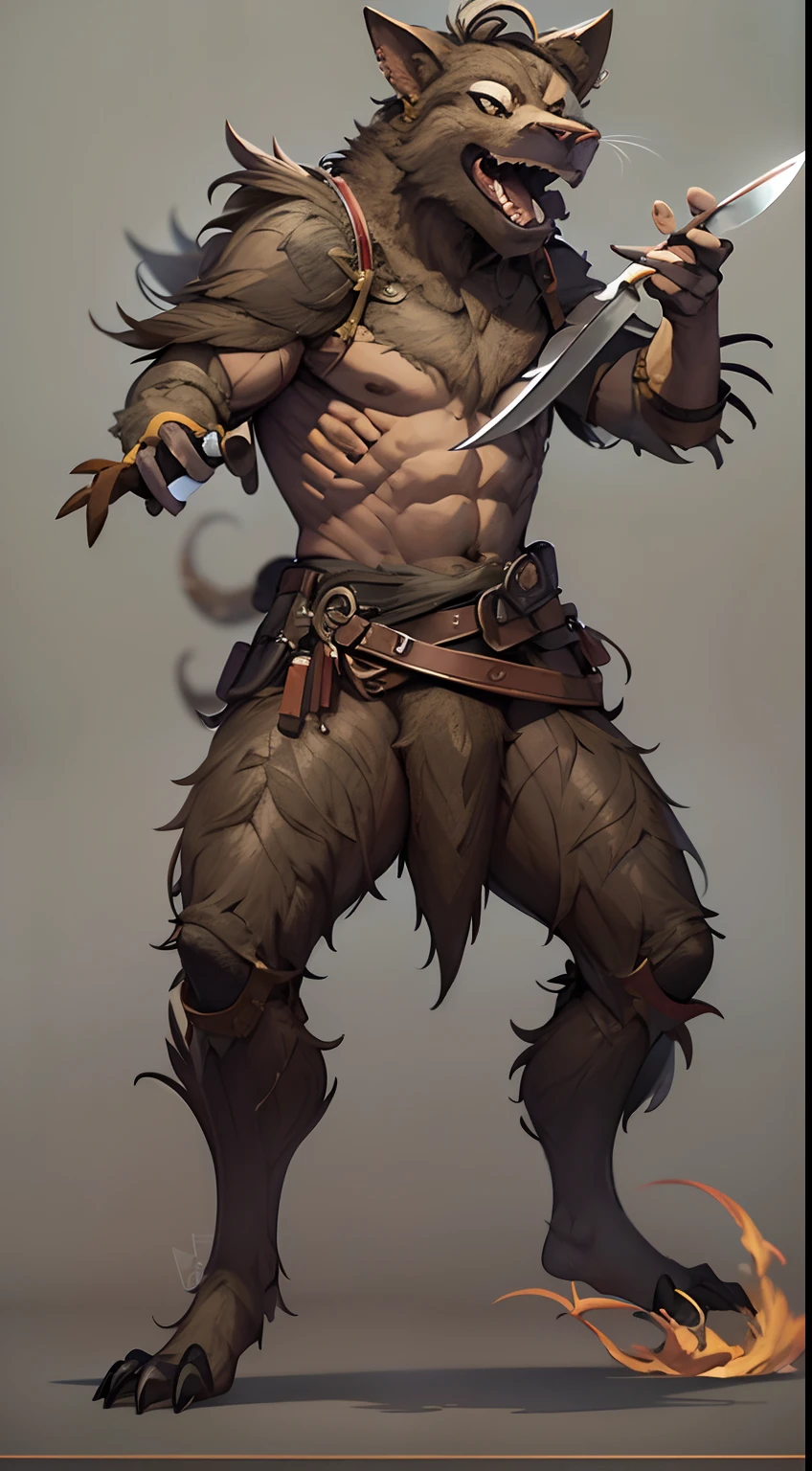 Game character standing drawing design，gnoll，cunning，With a knife，Fighting posture，（full bodyesbian：1.4），solid color backdrop，clean backdrop，depth of fields，high light，Real light，Ray traching，OC renderer，UE5 renderer，Hyper-realistic，best qualtiy，8K，Works of masters，super-fine，Detailed pubic hair，Correct anatomy，