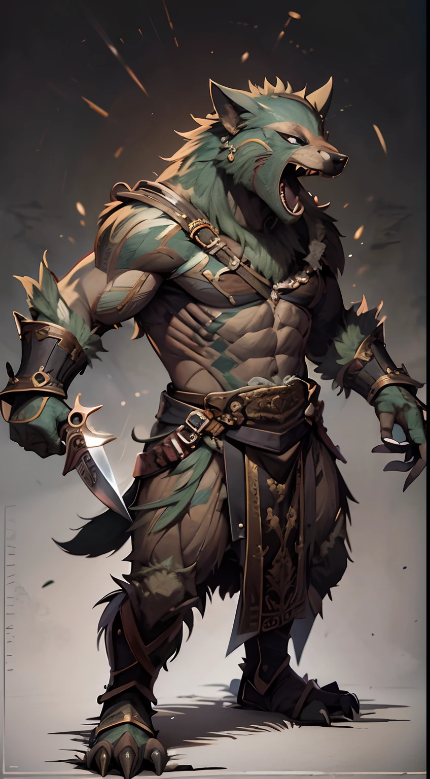 Game character standing drawing design,gnoll,cunning,With a knife,Fighting posture,(full bodyesbian:1.4),solid color backdrop,clean backdrop,depth of fields,high light,Real light,Ray traching,OC renderer,UE5 renderer,Hyper-realistic,best qualtiy,8K,Works of masters,super-fine,Detailed pubic hair,Correct anatomy,