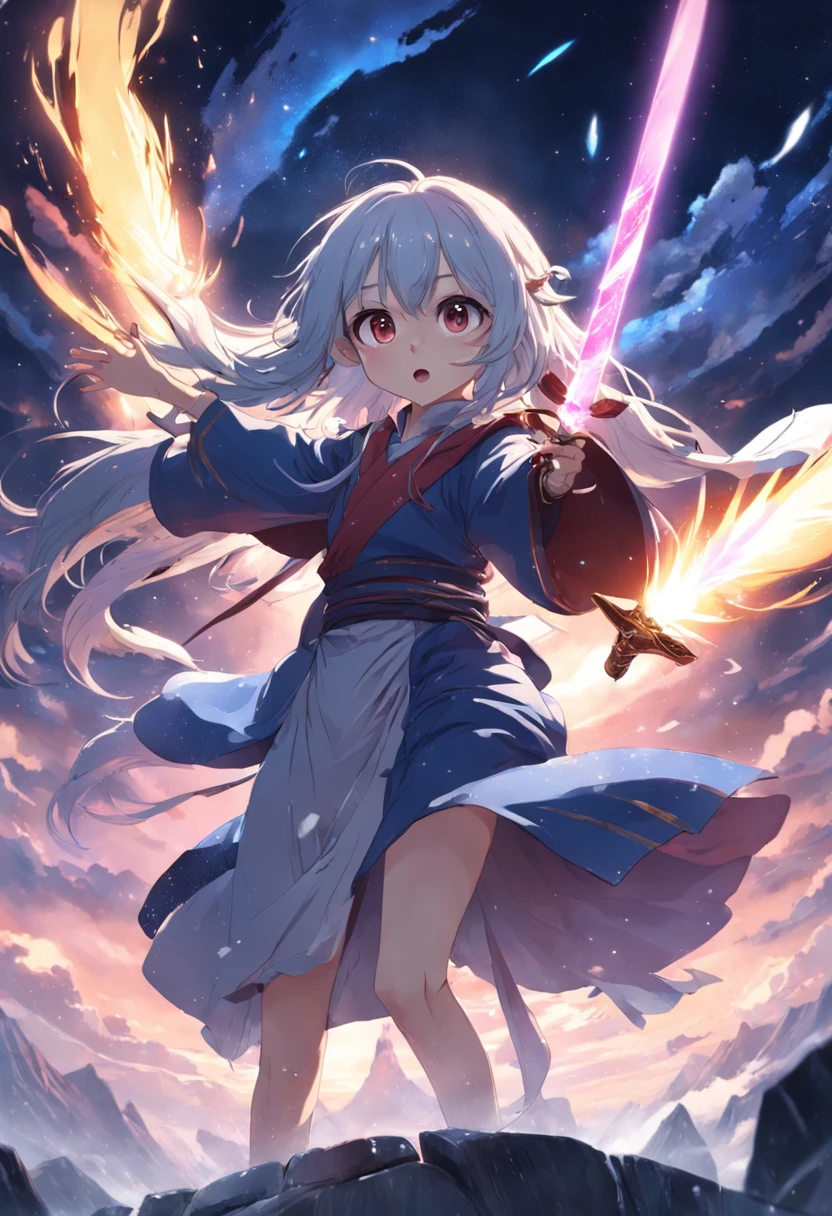 tmasterpiece,best qualtiy,cinematic Film still from,whaite hair,Kizi,yuki ,adolable,yawn,Soaring sword light,magia,Polar night,Tsundere,without hands