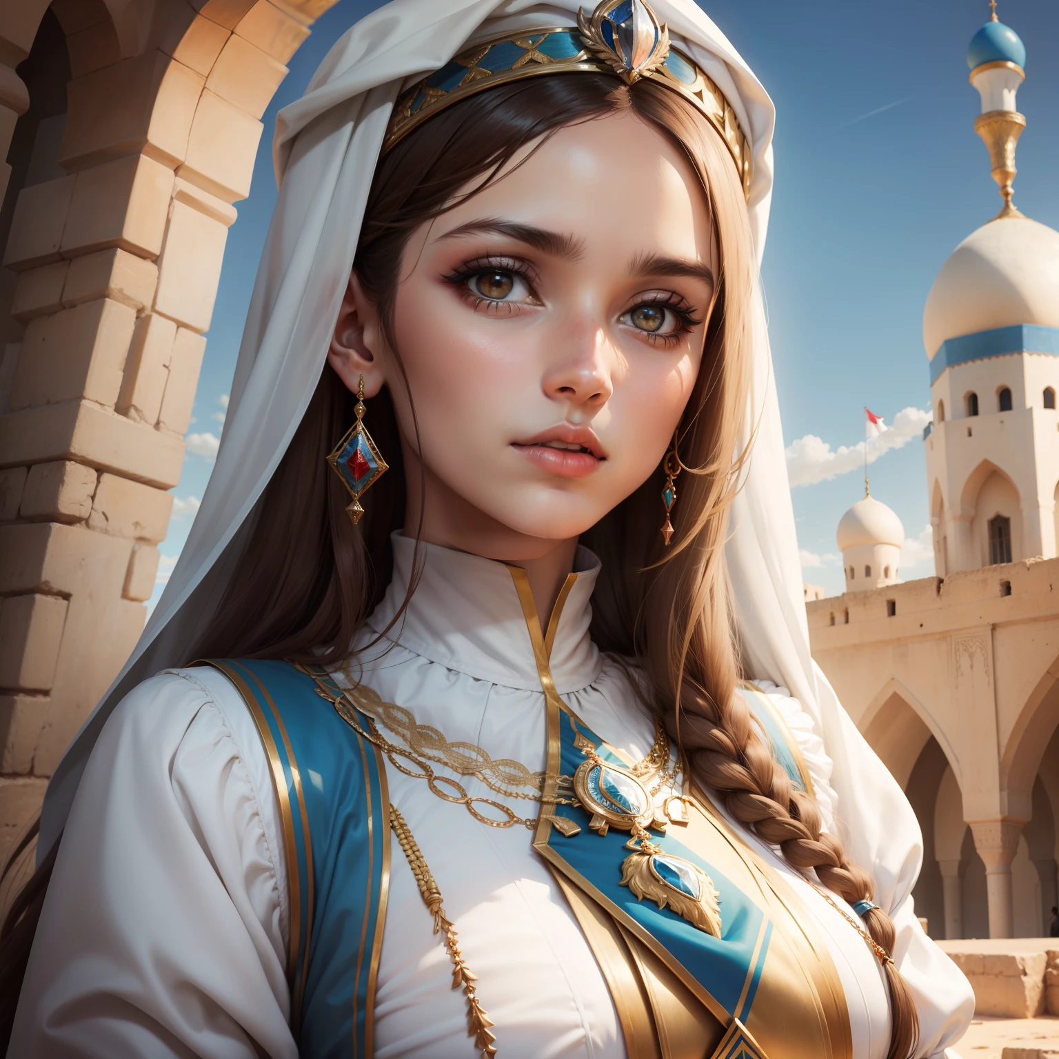 Un portrait de princesse arabe tenant le drapeau marocain